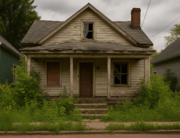 Abandoned wooden house with broken windows